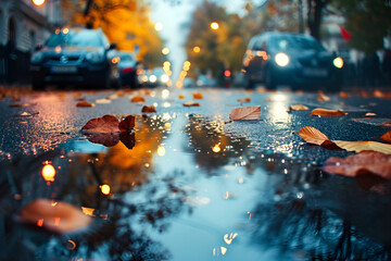 Cloudy autumn day, leaves on sidewalk, reflection of cars in puddle. Autumn has come concept. Generative AI