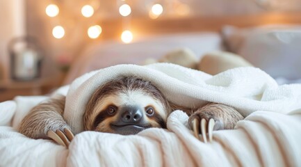 Fototapeta premium A cute smiling sloth in a white towel is lying on the bed, in a warm and cozy home background