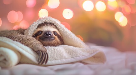 Fototapeta premium A cute smiling sloth in a white towel is lying on the bed, in a warm and cozy home background