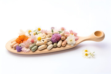 Herbal capsule, natural vitamins, dry calendula and other flowers at wooden spoon. Healthcare and alternative medicine: homeopathy and naturopathy. AI Generative - obrazy, fototapety, plakaty