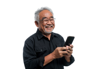 Smiling Senior Man with Phone on Transparent
