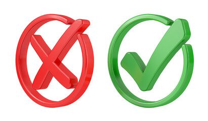 Two red and green check marks shown next to each other isolated from the white or transparent background