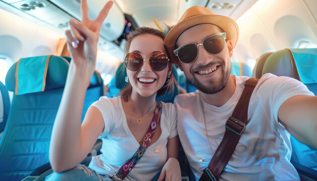 A young couple took selfie photos on an airplane, both smiling and making peace signs with their hands.