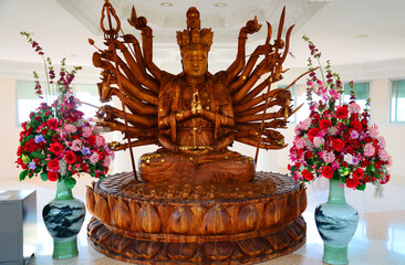 Guishan Guanyin of Thousand Hands or Guan Yin bodhisattva goddess chinese deity for thai people travelers travel visit respect praying blessing wish at Wat Huay Pla Kang temple in Chiang Rai, Thailand