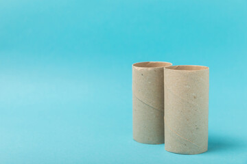 Empty toilet paper roll. Rolls of toilet paper on a blue background. Paper tube of toilet paper. Place for text. Copy space. Flat lay. Eco-friendly reuse recycle
