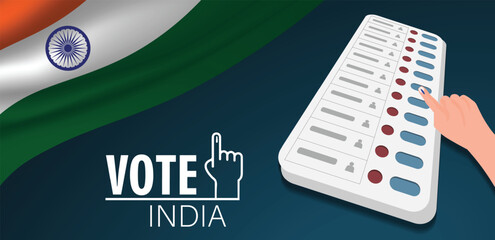 vote india vector poster hand press button of evm machine for voting with India flag  - obrazy, fototapety, plakaty