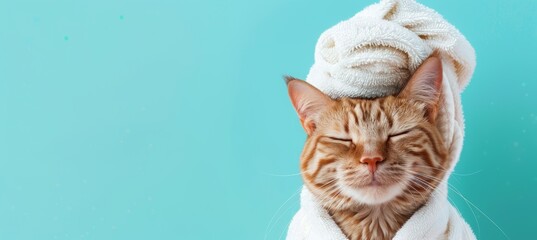 Cute smiling cat with a white towel on its head, relaxing and having a spa day at a beauty salon isolated over a turquoise background with copy space for your design or text, banner template.