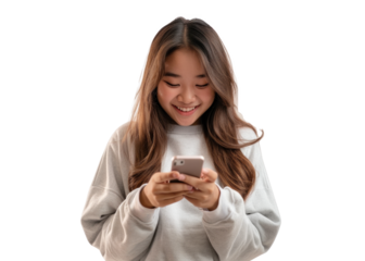 Young Asian Woman Smiling at Smartphone