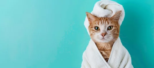 Wall murals Massage parlor Cute smiling cat with a white towel on its head, relaxing and having a spa day at a beauty salon isolated over a turquoise background with copy space for your design or text, banner template.