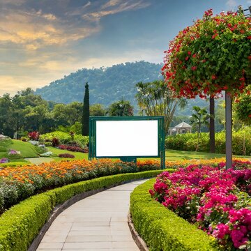 billboard in the garden.a.blank billboard prominently positioned amidst lush greenery and colorful flower beds The billboard stands as a prime advertising space or public information board, offering e