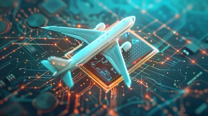  Concept of digital twins in aviation technology, graphic of a microchip with an airplane and futuristic elements © Zaleman