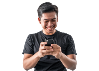 Happy Southeast Asian Man Using Smartphone