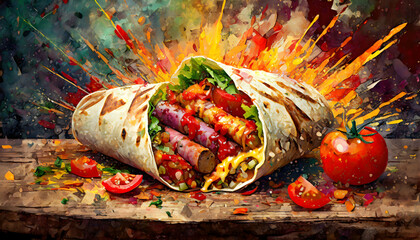Delicious Healthy Mexican Burrito Wrap, Sausage, and Roaste on digital art concept, Generative AI. - 781429512