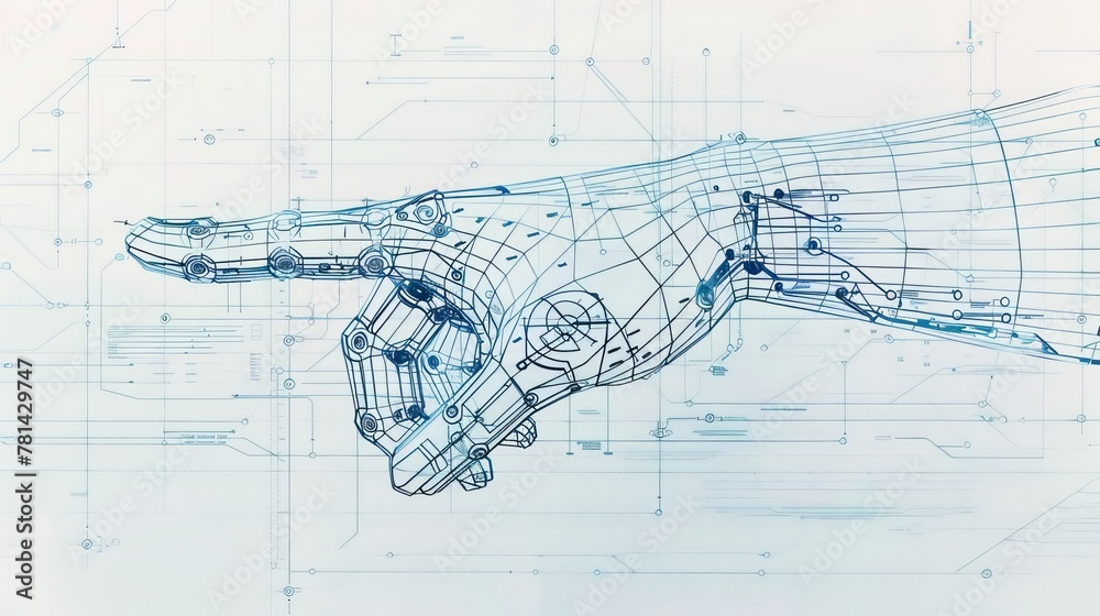Aufkleber A wireframe drawing of a hand; a scientific interface; abstract technology in the background;