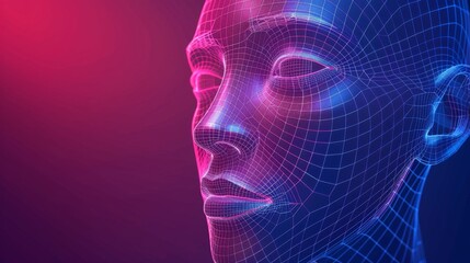 This wireframe head depicts a face scan or biometrics concept with a digital technology theme