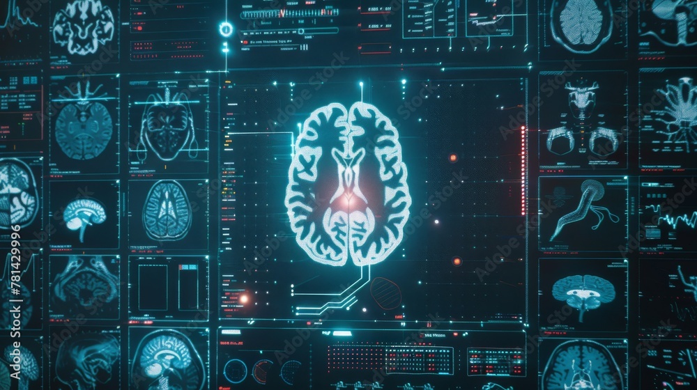Aufkleber digital medical interface with brain scans, health care based on abstract technology