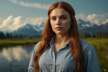 A pretty young woman with red hair in a blue shirt stands in a field in scenic beauty with mountains and lake in the background.