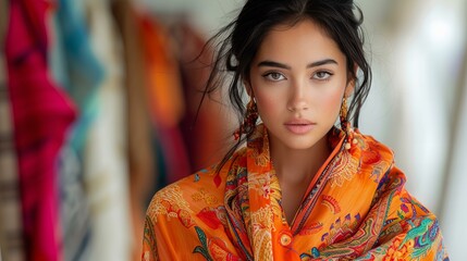 young attractive brunette fashion model in colorful shawl