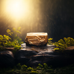 Golden, precious stone podium on wet rock in natural surroundings, freshness after waiting. Golden pedestal in the forest, outdoors in the sunlight
