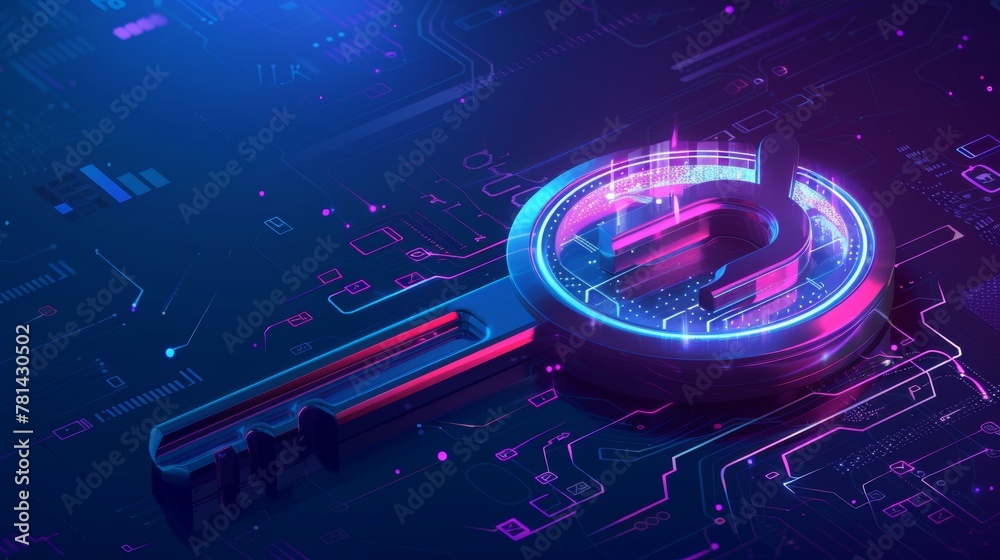 Poster A realistic futuristic key showing business finance icons with a concept of a private key or cyber security