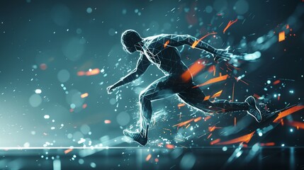 Sports science concept, polygonal male athlete running under lighting