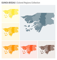 Guinea-Bissau map collection. Country shape with colored regions. Blue Grey, Yellow, Amber, Orange, Deep Orange, Brown color palettes. Border of Guinea-Bissau with provinces for your infographic.