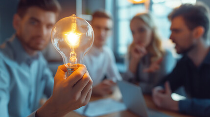 A man's hand holding a light bulb with business people in an office brainstorming meeting. A creative team or group with Innovation, business idea.