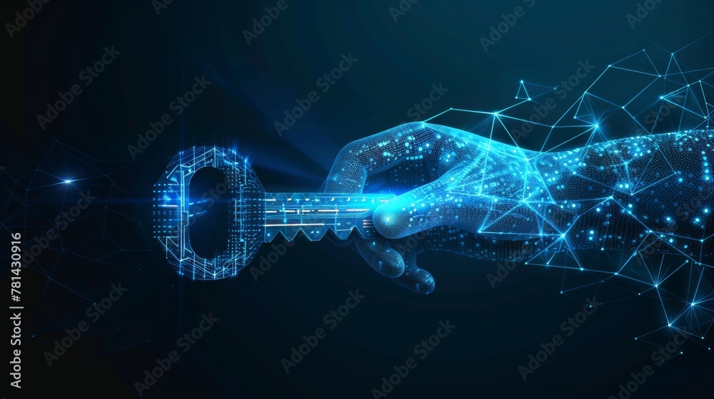 Poster the concept of a private key in the digital age, a polygon hand holding a futuristic key