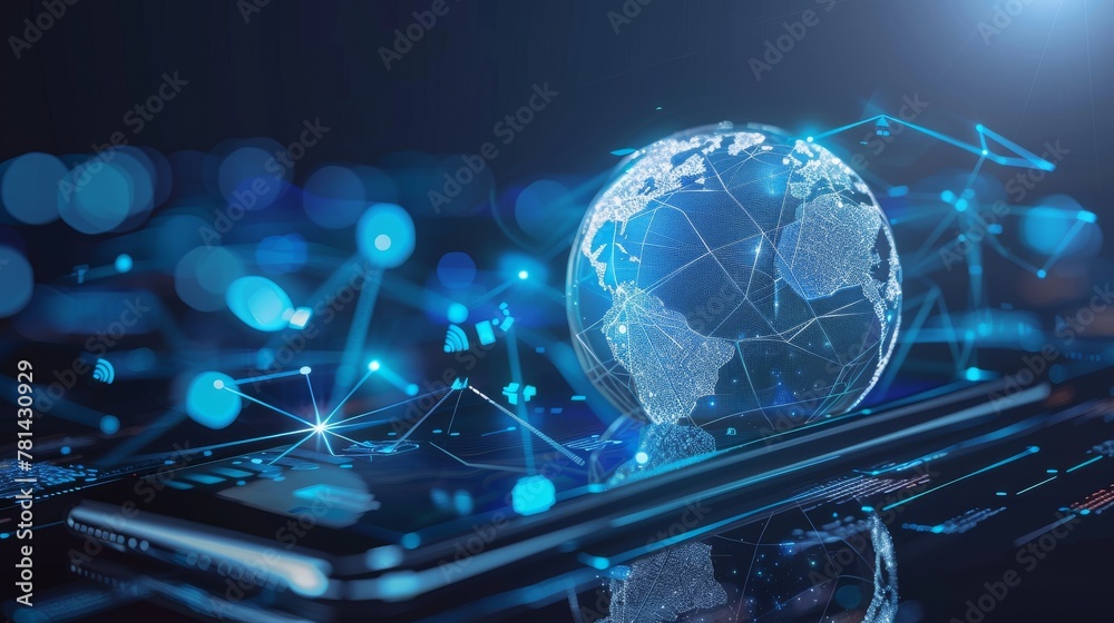 Poster Global communication or network concept, graphic of a mobile phone with a digital globe and technology icons