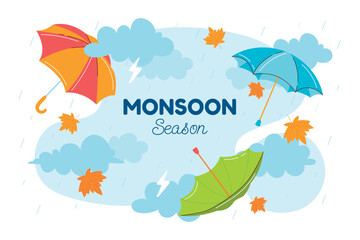 Fototapeta na wymiar Flat monsoon season background with umbrellas and clouds
