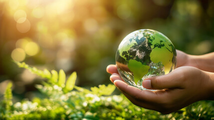 Hand holding a transparent globe with green continents in sunlight with natural background. Generative AI 
