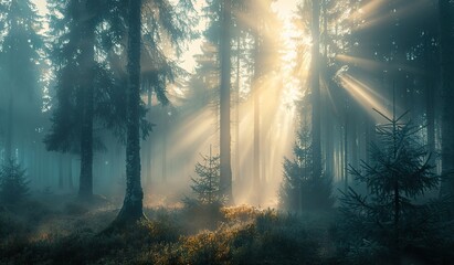 Magical sunrise rays piercing through a misty forest