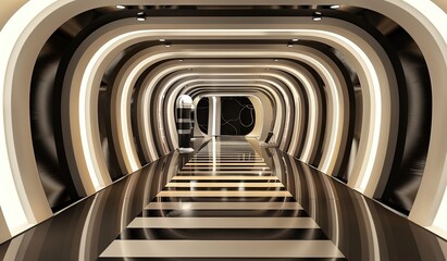 Modern gold and black corridor with futuristic design elements
