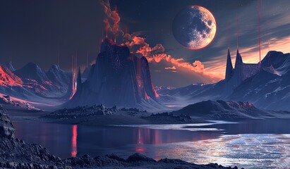 Majestic alien landscape with twin moons and starry sky