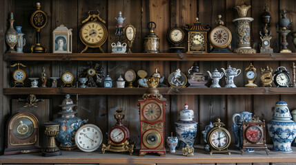 Assorted vintage clocks and ornamental pieces on wooden shelves, antique collection, home decor