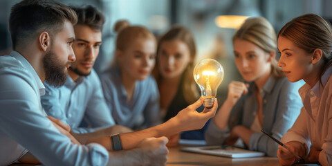 A man's hand holding a light bulb with business people in an office brainstorming meeting. A creative team or group with Innovation, business idea.