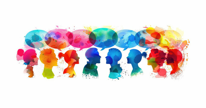 Colorful speech bubbles with silhouettes of people talking on a white background vector illustration, representing a social media concept
