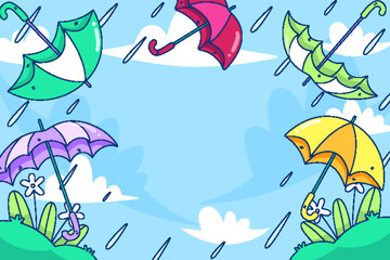 Fototapeta na wymiar Hand drawn monsoon season background with umbrellas