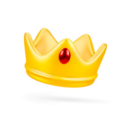 3d cartoon golden crown with red gemstone isolated on white background. Symbol of royal power, victory or luxury. Vector illustration of 3d render.