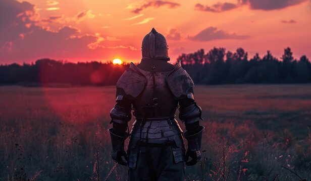 Medieval knight in armor gazing at sunset in open field