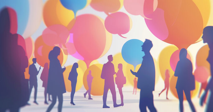 Colorful speech bubbles with silhouettes of people talking on a white background vector illustration, representing a social media concept