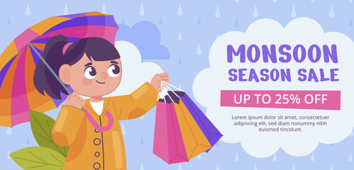 Flat monsoon season sale horizontal banner template with woman holding shopping bags under umbrella