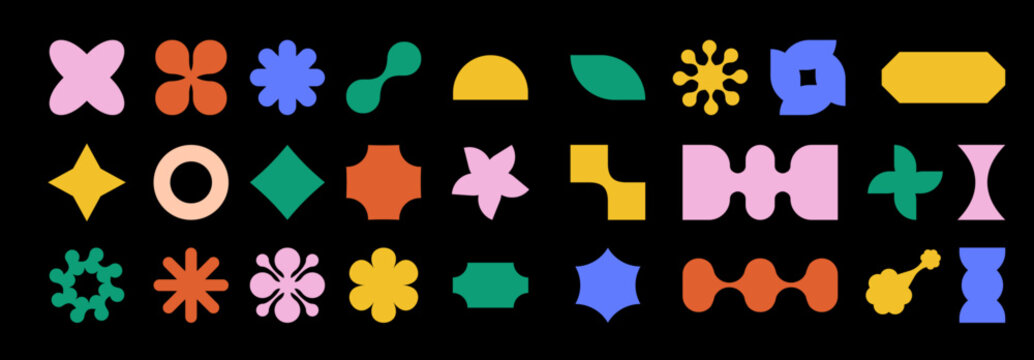 Brutal elements set. Daisy floral organic form, stars, and other geometric shapes in trendy playful style. Vector design elements isolated on black background.
