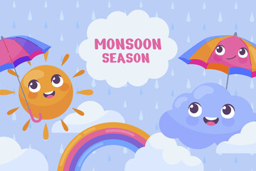 Flat monsoon season background with umbrellas and rainbow