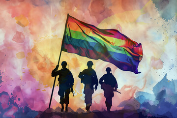 Silhouette military leading and holding a vibrant rainbow flag.	