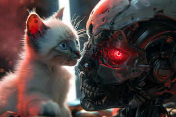 A scary cyborg with the red eyes and a cute little kitty with the blue eyes - 781431782