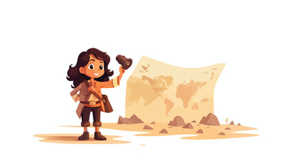 Illustration of a treasure map and a young girl hol - obrazy, fototapety, plakaty