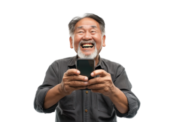 Joyful Senior Man With Phone on Transparent