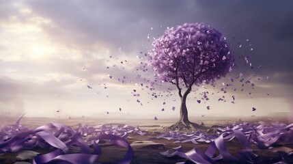 Tree with lavender purple ribbons, informing about international Alzheimers day in September,memory problems - obrazy, fototapety, plakaty