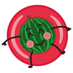 Cute watermelon swimming with rubber ring, vector illustration